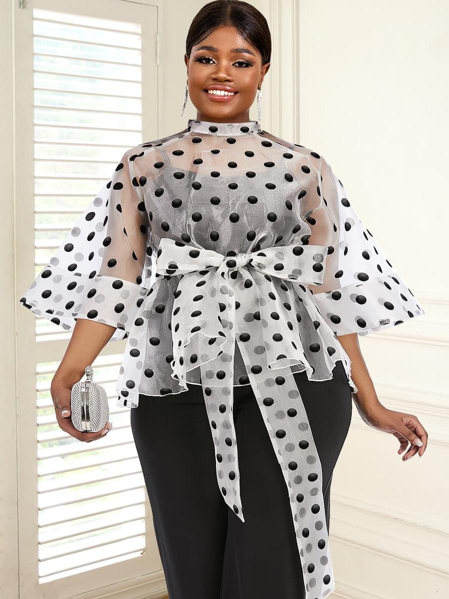 OEM Polka Dot See Through Peplum Half Flared Sleeves Tops Supplier